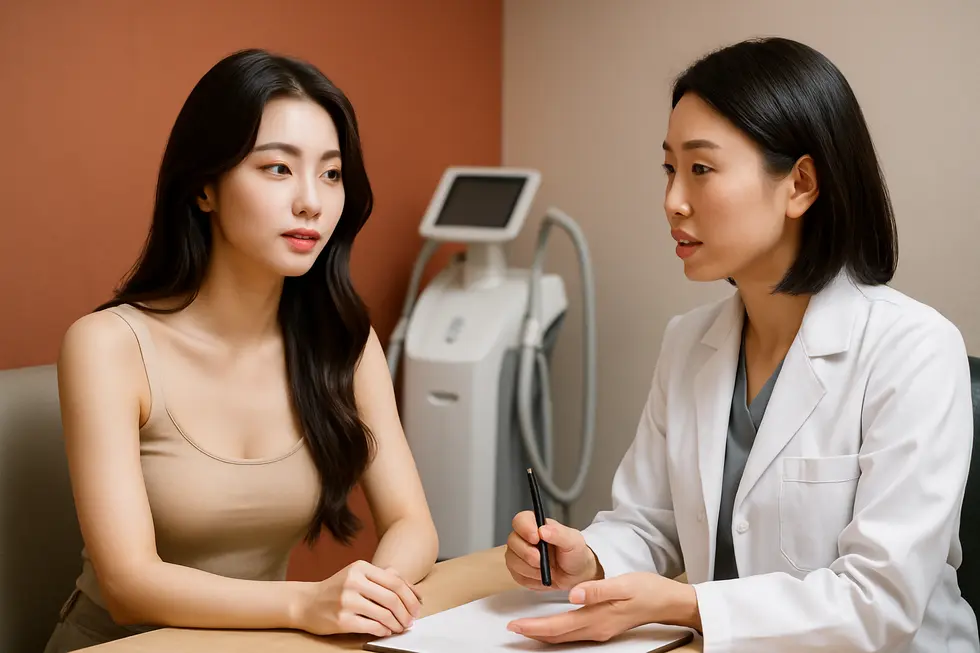 ルシェイプの施術に関するカウンセリング風景。医師と患者が効果や注意点について話し合っています。