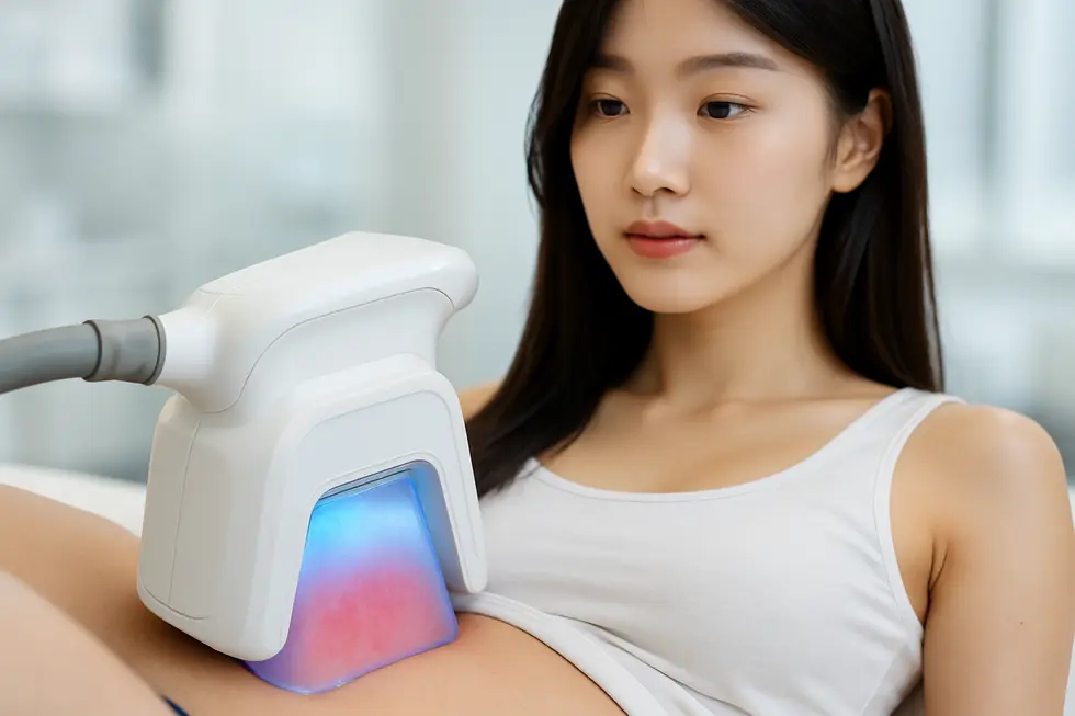 冷却脂肪分解の原理：アプリケーターが脂肪細胞を狙って優しく冷却します。