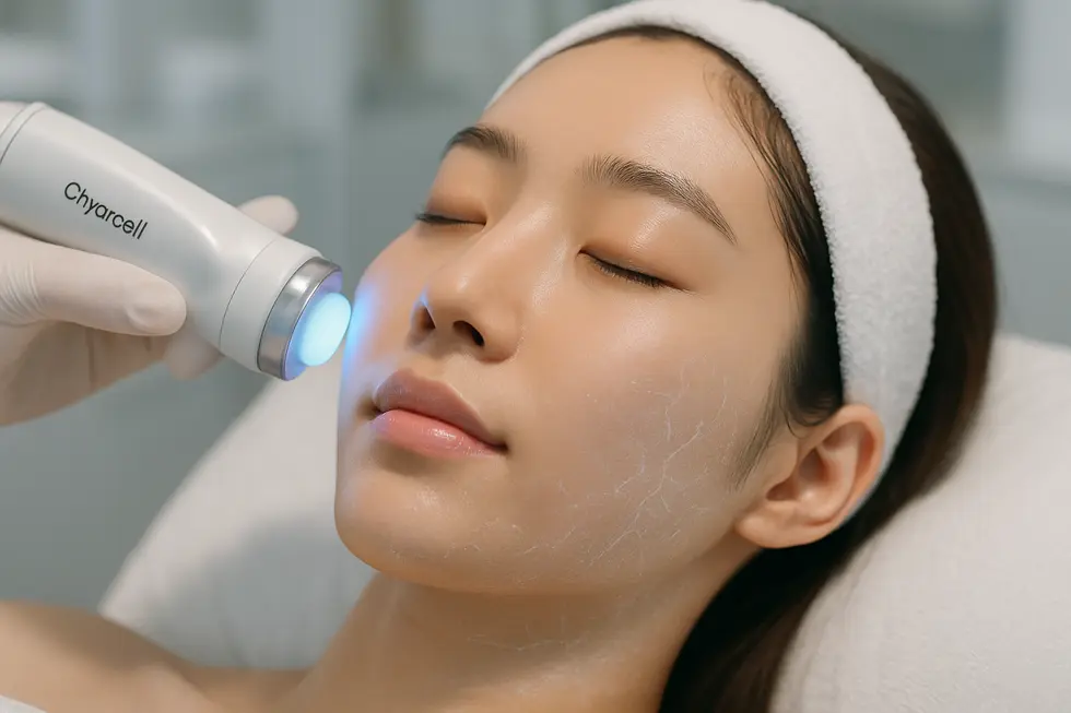 クライオセル施術中の様子。冷却プローブから出る優しい光と、肌に美容成分が浸透していくイメージ。