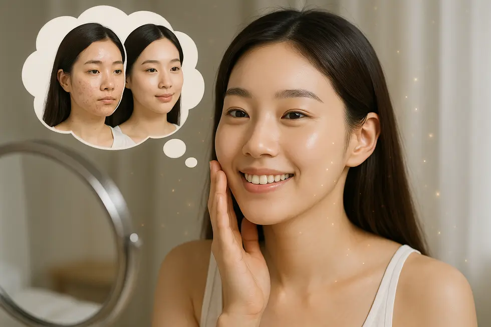 海藻ピーリングによって改善された肌の悩みを喜ぶ女性のイメージ。