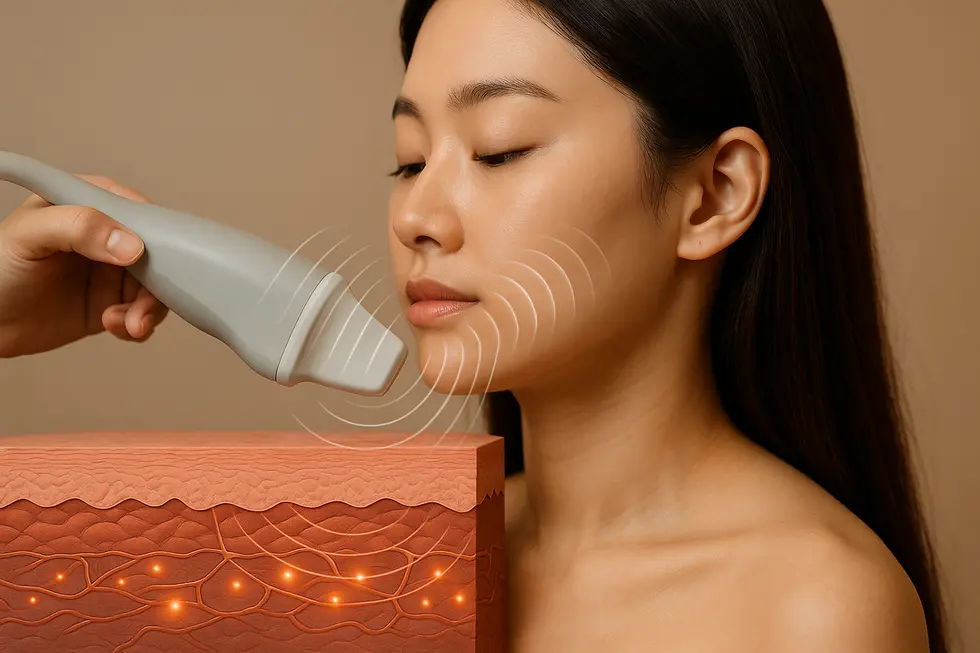 ソノケアは高密度集束超音波（HIFU）技術で肌の深層部にアプローチし、たるみやシワを改善します。