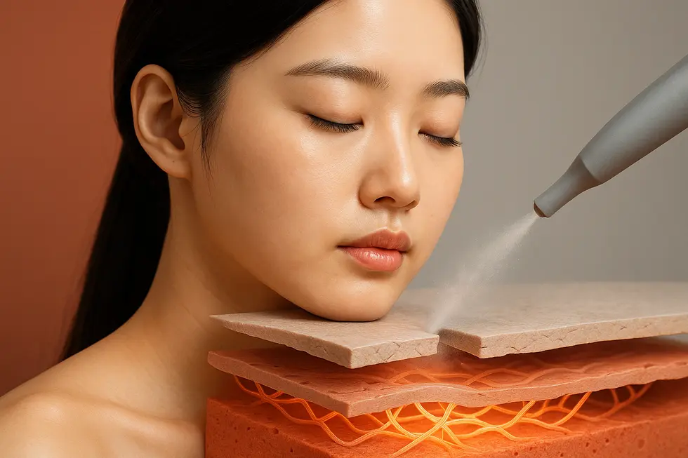 エアサブシジョンによる皮膚組織の剥離とコラーゲン再生のイメージ。