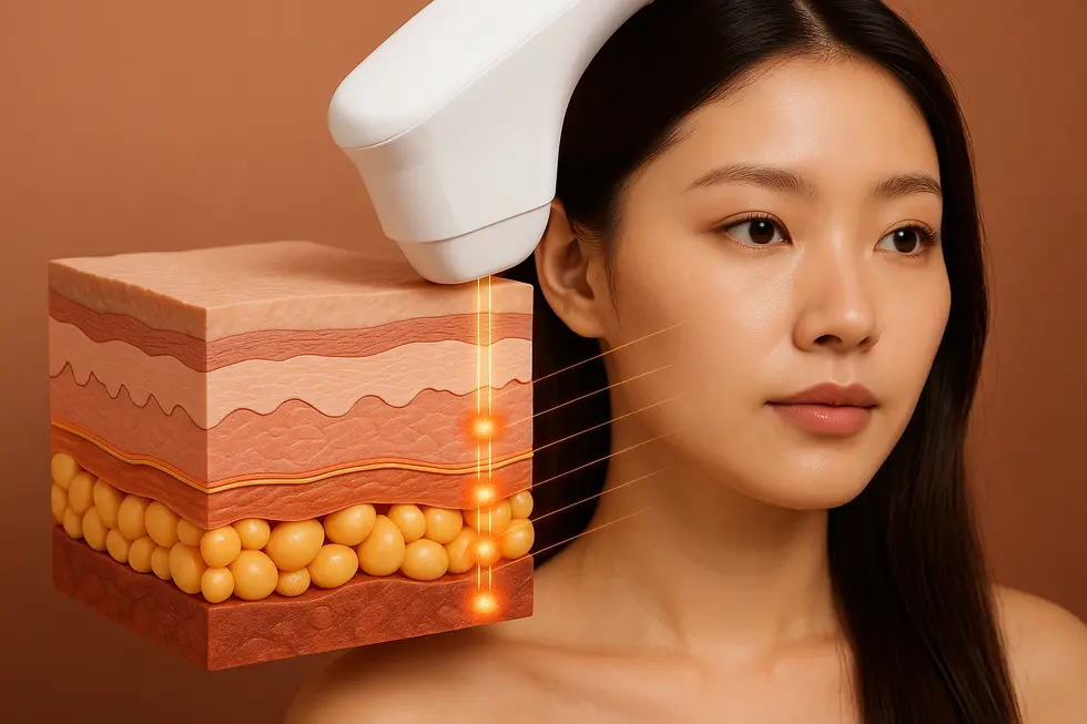 リニアファームは線状の超音波エネルギーを肌の深層に届け、たるみと脂肪にアプローチします。