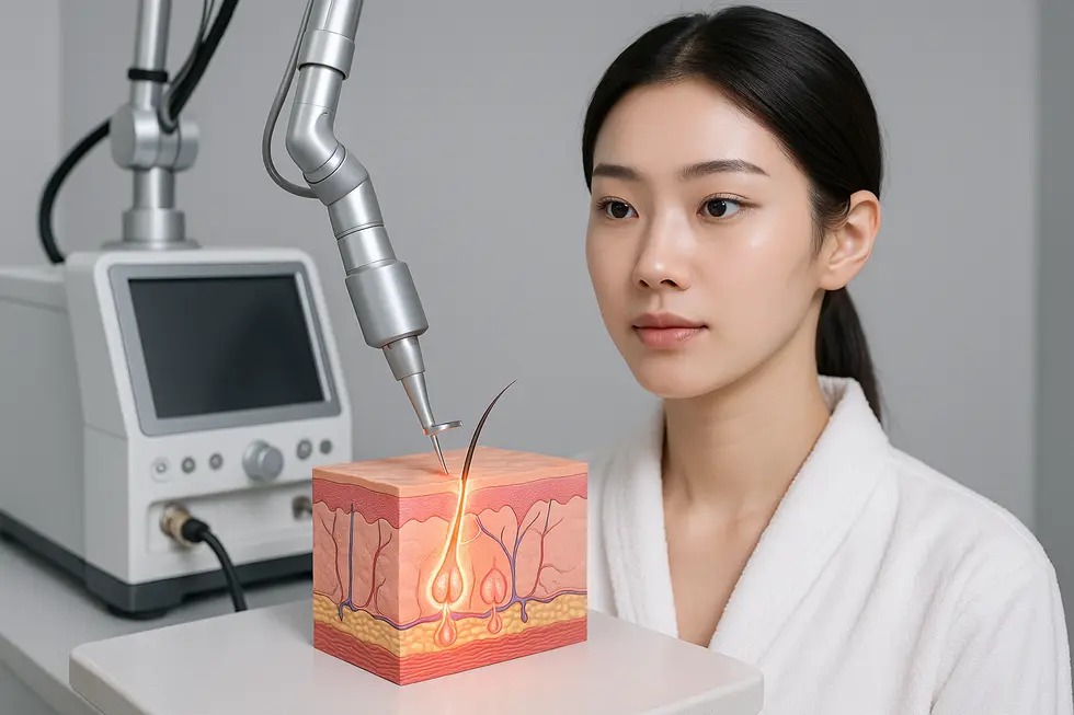 カプリレーザーの原理図：皮脂腺への選択的アプローチと肌質改善のメカニズム