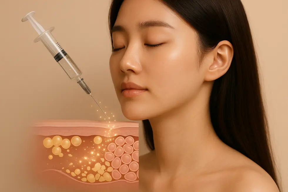 アキュ注射の基本原理：脂肪溶解と肌質改善のメカニズムをイラストで解説。