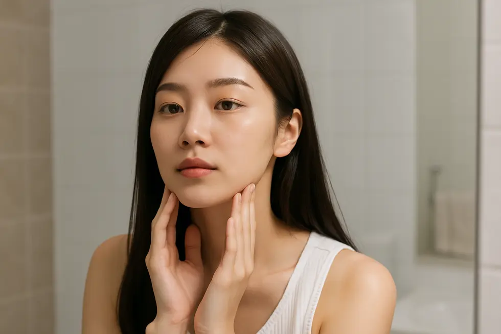 施術後の変化を鏡で確認し、セルフケアを行う女性のイメージ。