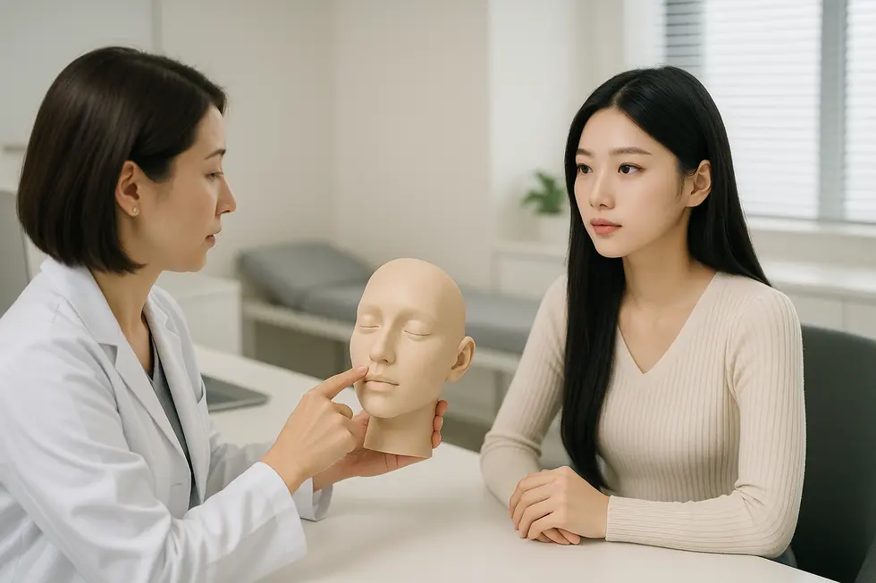 顔の脂肪溶解注射に関するカウンセリング風景。医師と患者が詳細を話し合っている。