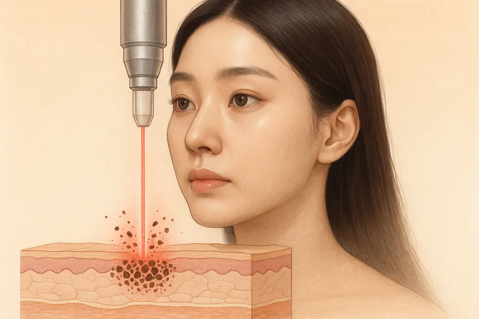 ピコトーニングのレーザーがメラニンを微細に破壊する様子をイメージした図。