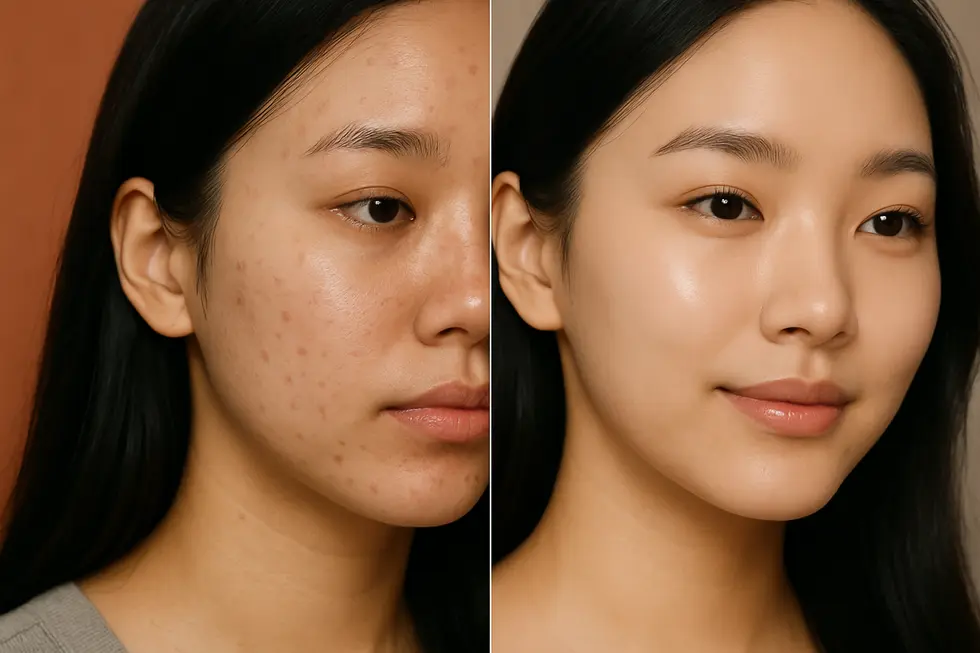 アラジンピール後の肌の変化を示すビフォーアフターイメージ。ニキビ跡や毛穴の改善、全体的な肌のトーンアップが期待できます。