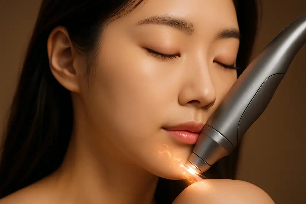 レガート治療に使われるハンドピースと、肌の内部で起こるコラーゲン再生・薬剤浸透のイメージ。