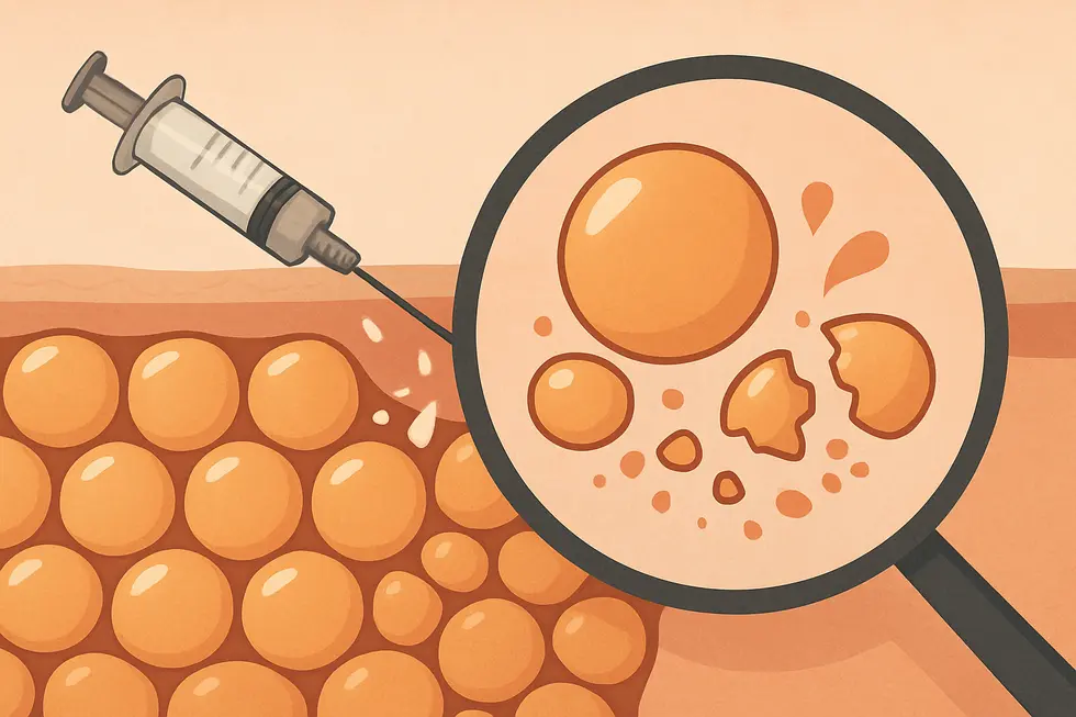 脂肪溶解注射のメカニズム：薬剤が脂肪細胞に直接作用し、分解を促します。