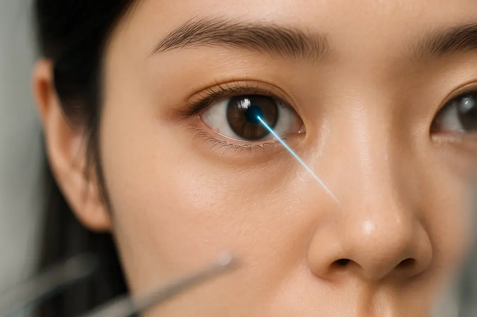 レーザーを用いて角膜の形状を精密に変化させ、視力を矯正するラセック手術の原理を示しています。