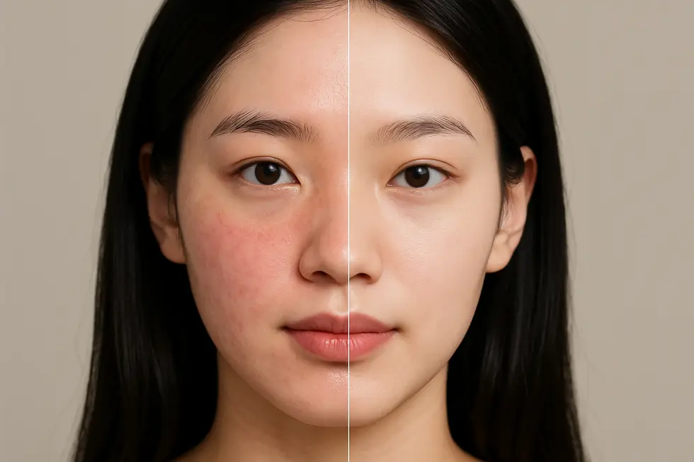 血管レーザー治療による改善例：施術前後の肌のトーン変化と費用の目安。