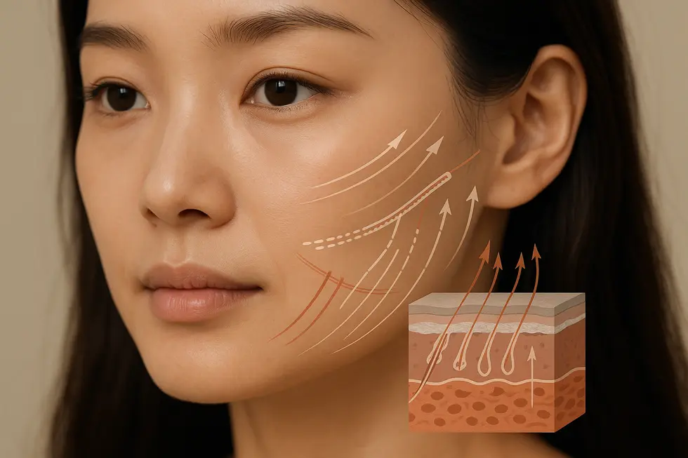 法令線の原因と、様々な施術アプローチの原理を図解しています。