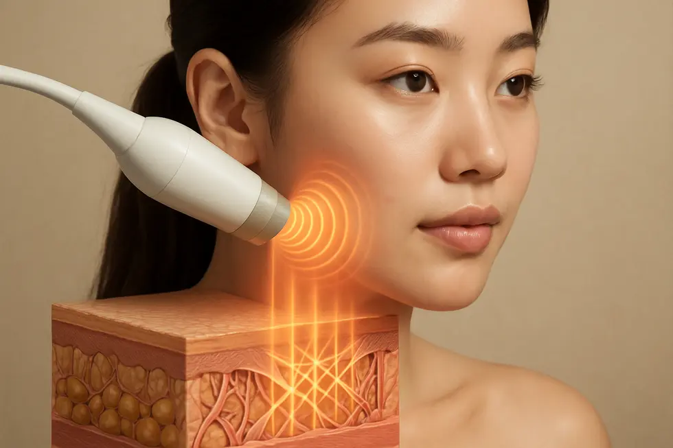 サーマージFLXの高周波RFエネルギーが肌深部のコラーゲンに作用するイメージ。