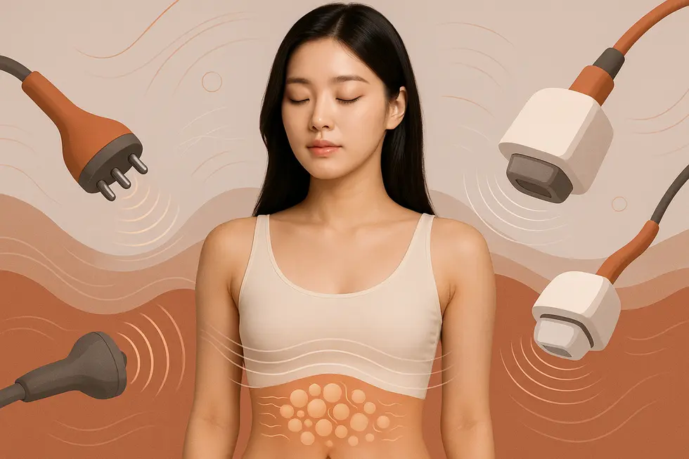 ルシェイプ施術の多様なメカニズム。高周波、HIFU、冷却などが組み合わさり、脂肪減少と肌の引き締めを促進します。