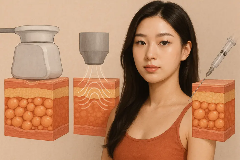 ボディ脂肪管理の主な原理：冷却脂肪分解、高周波、超音波、脂肪溶解注射など、多様なアプローチで気になる部分の脂肪に作用します。