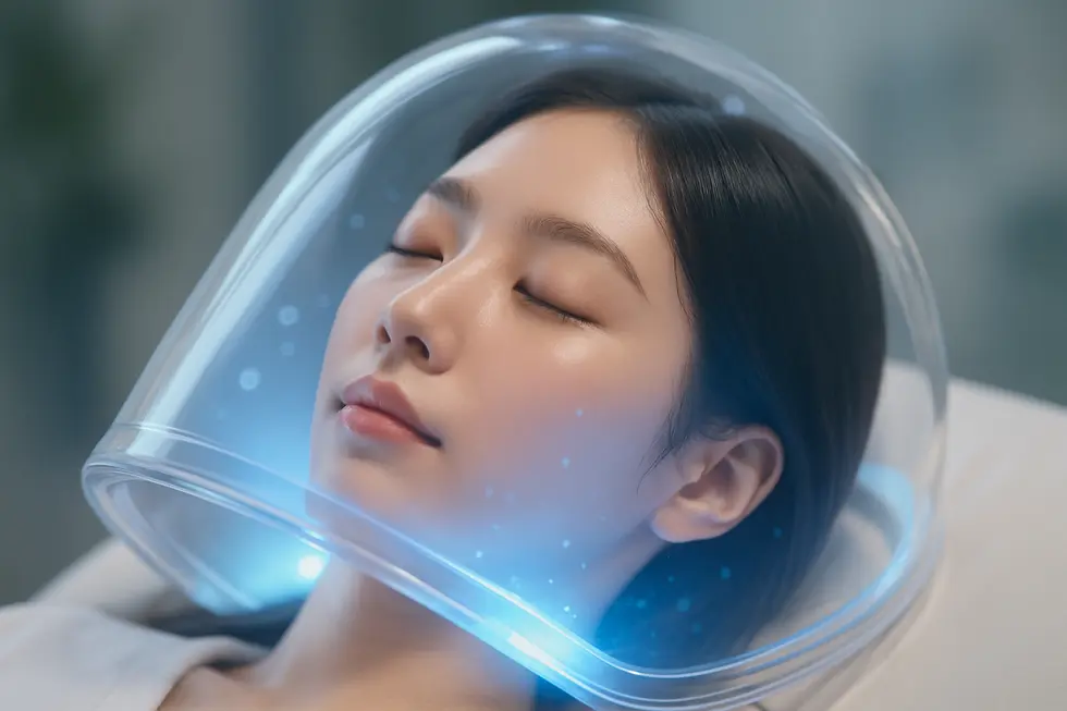 オトゥダムのドーム型装置。高濃度酸素と陰イオンが肌の深部へと届けられます。