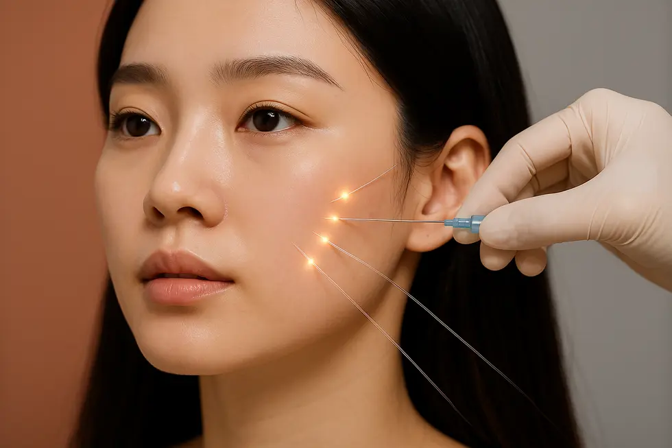 PDO糸が肌の奥でコラーゲン生成を促し、内側からハリと弾力を生み出すメカニズムを表現しています。