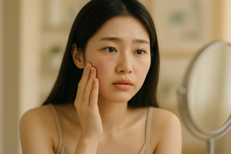 施術後のダウンタイム中に起こりうる腫れや内出血について、心配しながらも適切なケアを心がける様子を表しています。