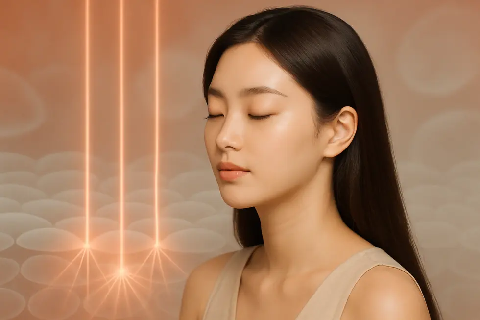 レーザー光線がデリケートゾーンの組織に優しく働きかけ、コラーゲン再生を促すイメージ。