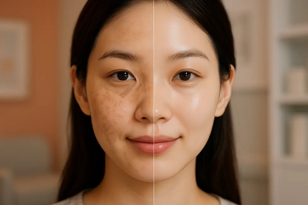 VRM3トーニングによる肌の変化。メラニン色素が穏やかに分解され、肌全体のトーンアップと肝斑・シミの改善が期待できます。