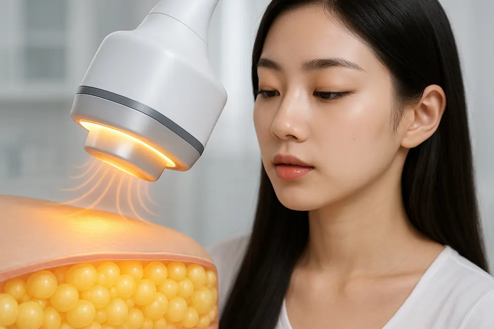 ヴァンキッシュの非接触RF技術が、肌に触れずに脂肪細胞にアプローチする様子。