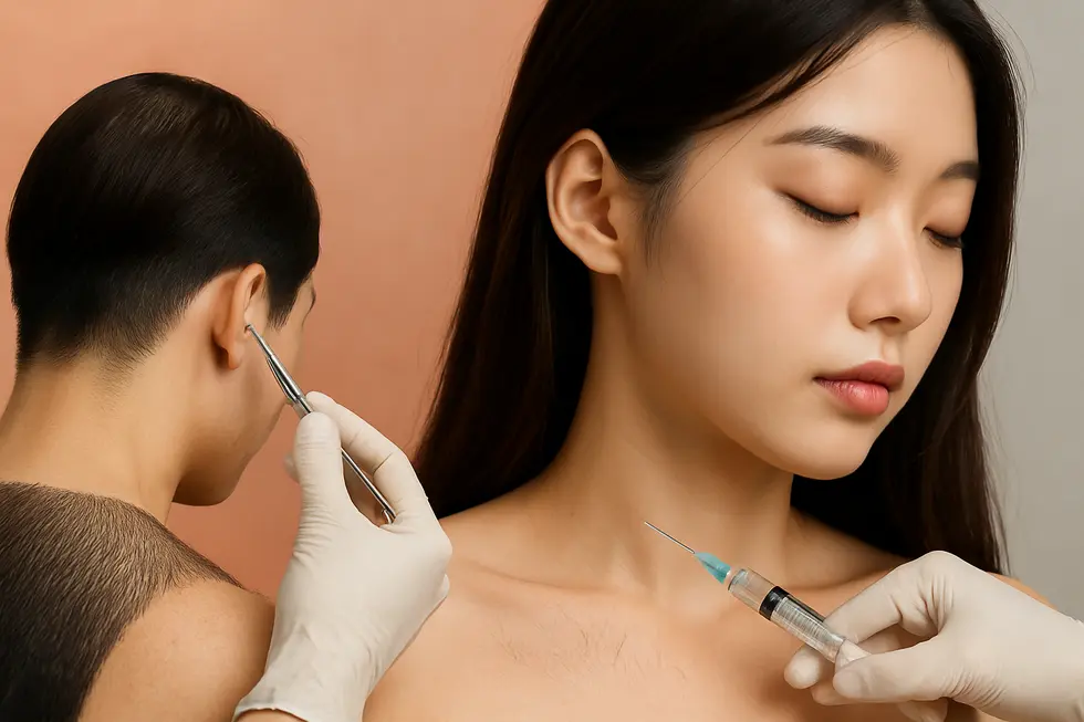 ボディヘアインプラントの施術原理を視覚化したイメージです。自分の毛髪が自然な体毛として生え変わる仕組みを示しています。