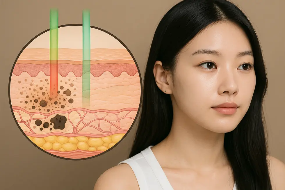 Nd:YAGレーザーの光が肌の深部へ浸透し、シミやタトゥー色素を破壊し、美肌へと導くメカニズム。