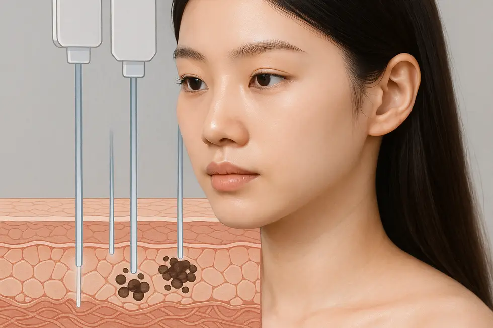 美白レーザーの原理：特定の色素にだけ反応し、熱エネルギーでメラニンを破壊するメカニズム。