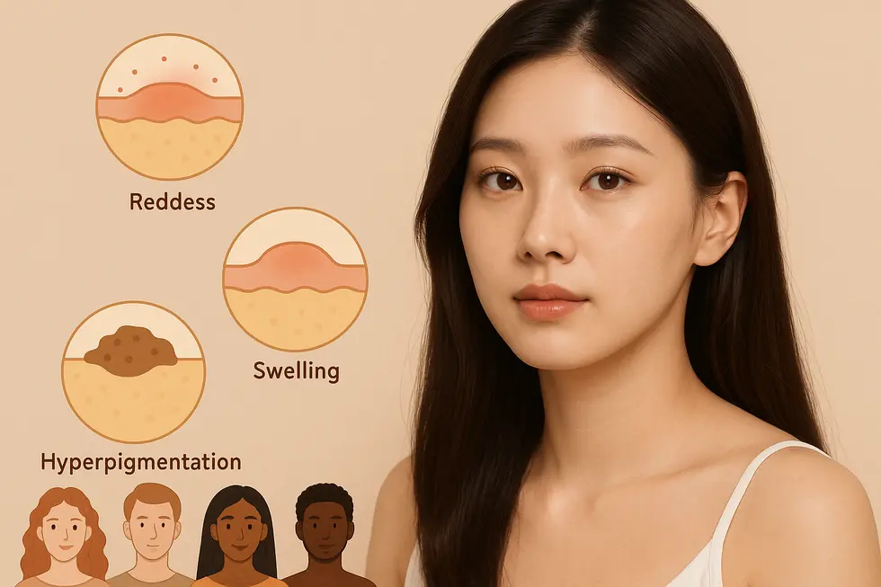 Nd:YAGレーザー治療に伴う費用や副作用のリスク、そして幅広い肌タイプへの適用性を示したインフォグラフィック。