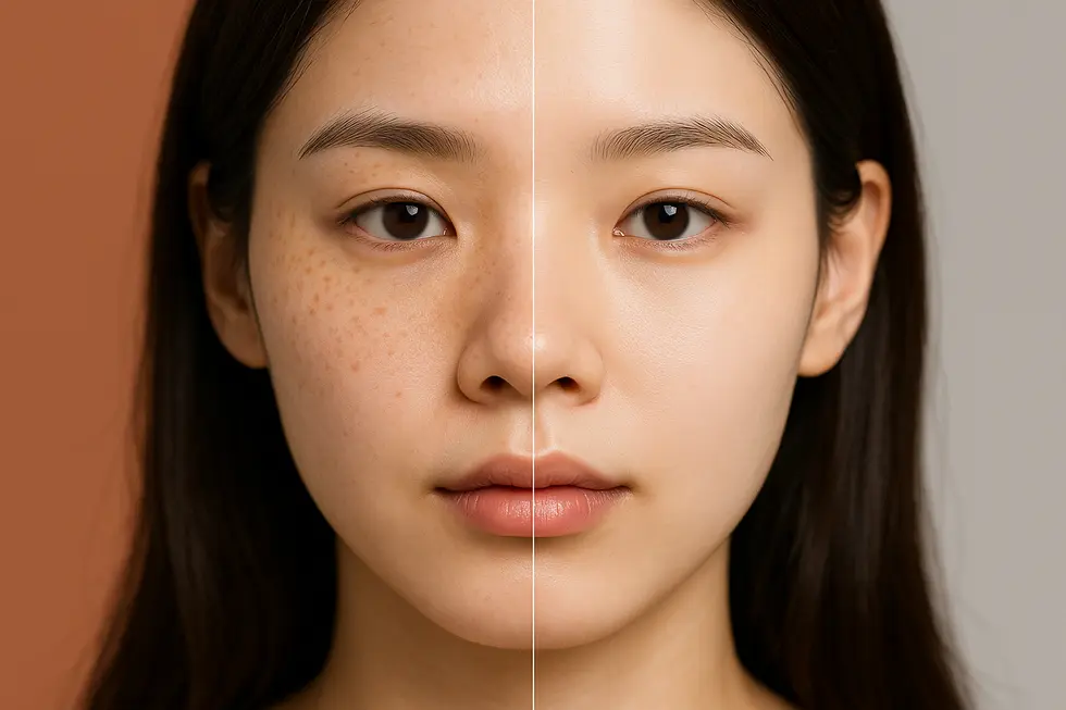 I2PL治療による肌の変化イメージ：シミ・赤ら顔が目立たなくなり、全体的に明るく透明感のある肌へ。