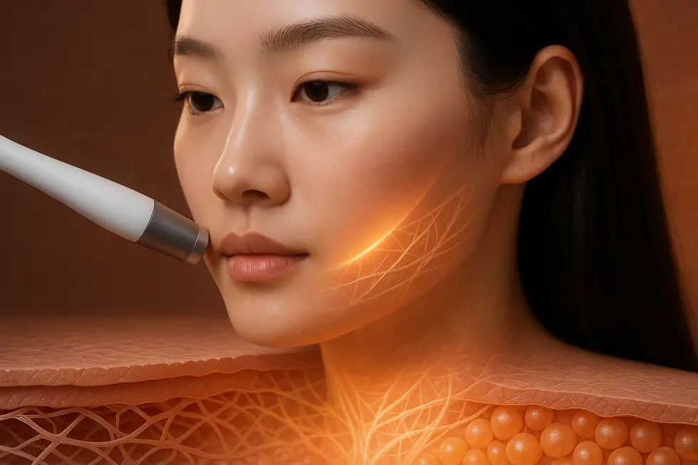 テンサーマのメカニズム：高周波エネルギーが肌の奥でコラーゲンを活性化させる様子。