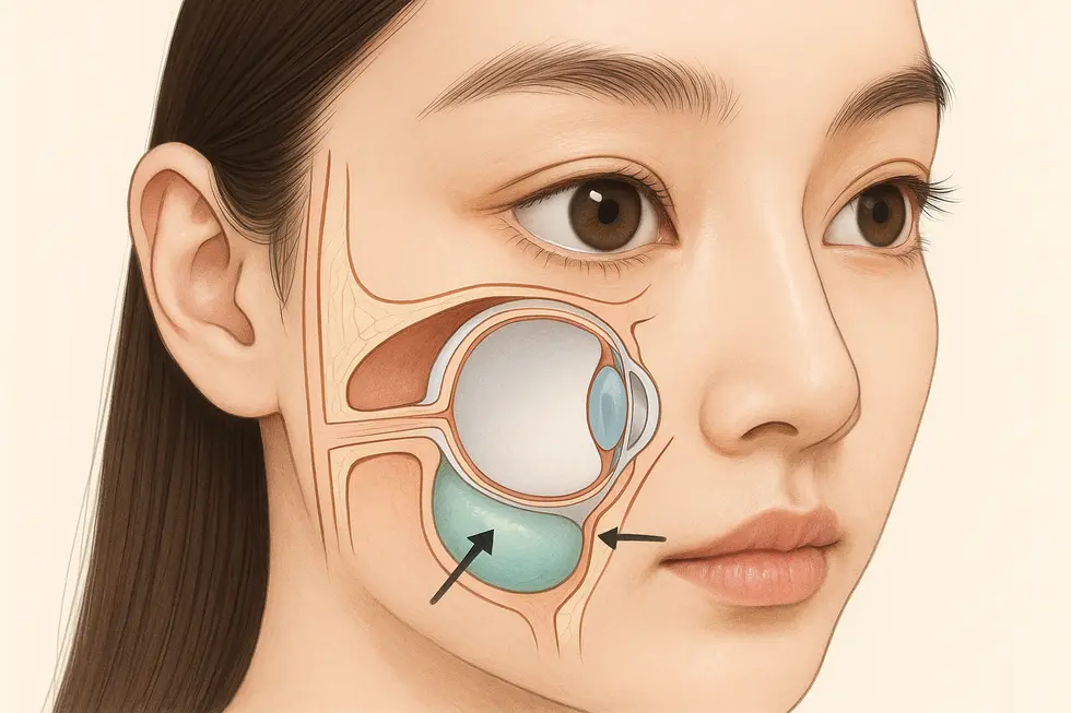 目の下の膨らみの原因となる眼窩脂肪の突出を視覚化した図。