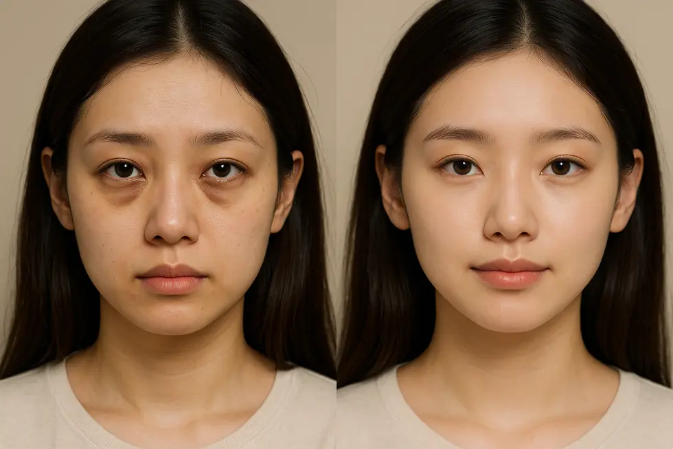 目の脂肪整形による目元の変化を比較したイメージ。たるみとクマが改善され、明るい印象に。