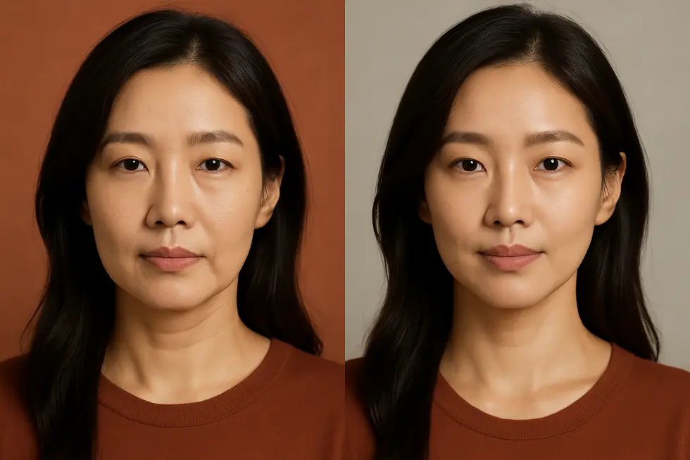 オリジオX施術によるフェイスラインの引き締めと肌のハリ改善の様子。