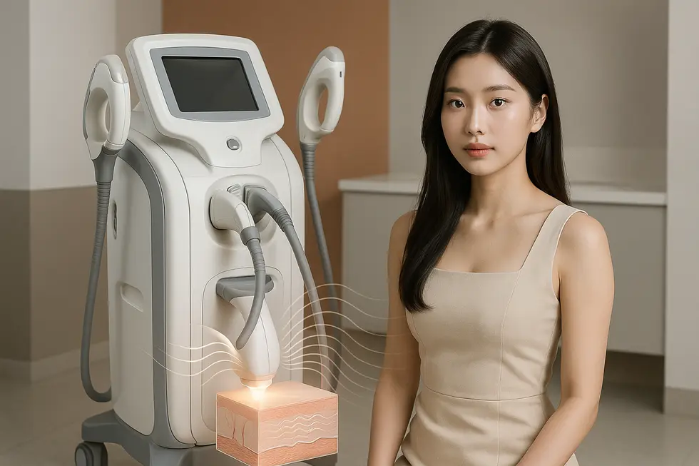 トリニティ治療で使用される最新の美容医療機器と、光・高周波エネルギーが肌の各層に働きかけるイメージ。