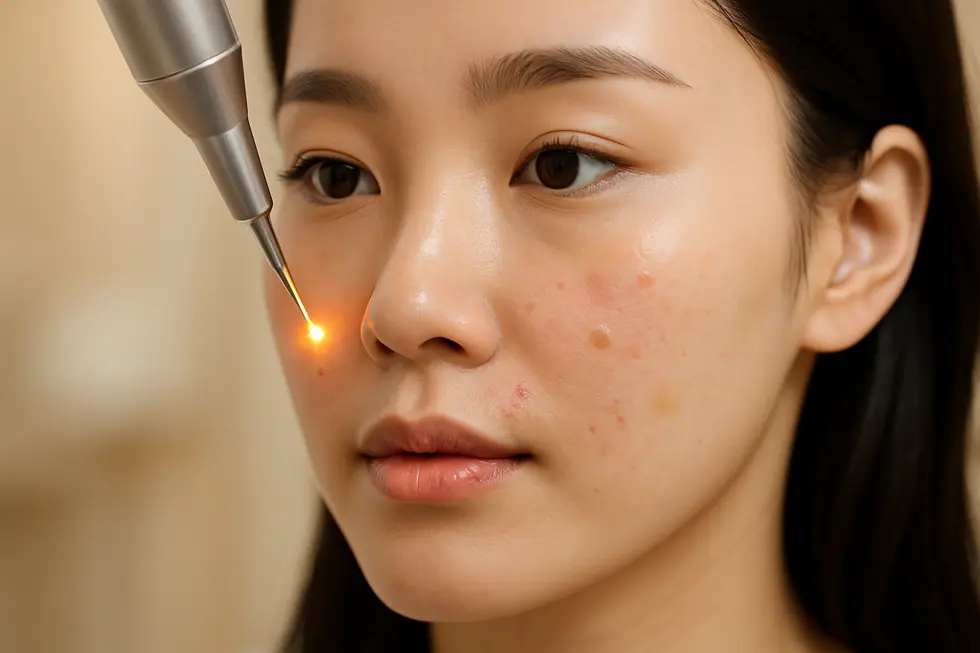 イエローレーザーの仕組みと、赤み・シミへの効果イメージ。