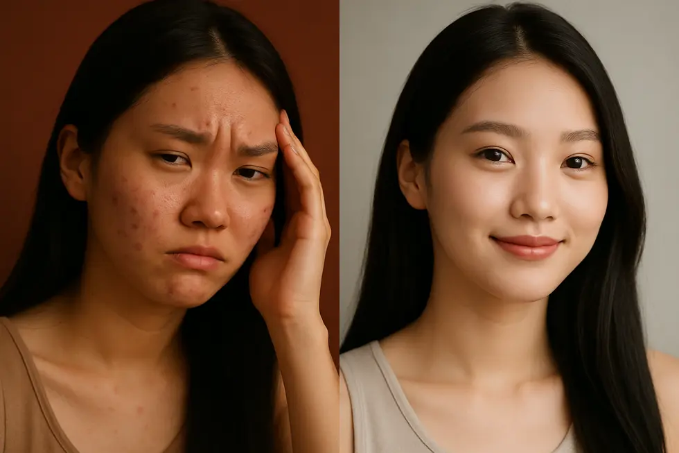 PDT治療による肌の変化：ニキビや脂性肌の改善イメージ。