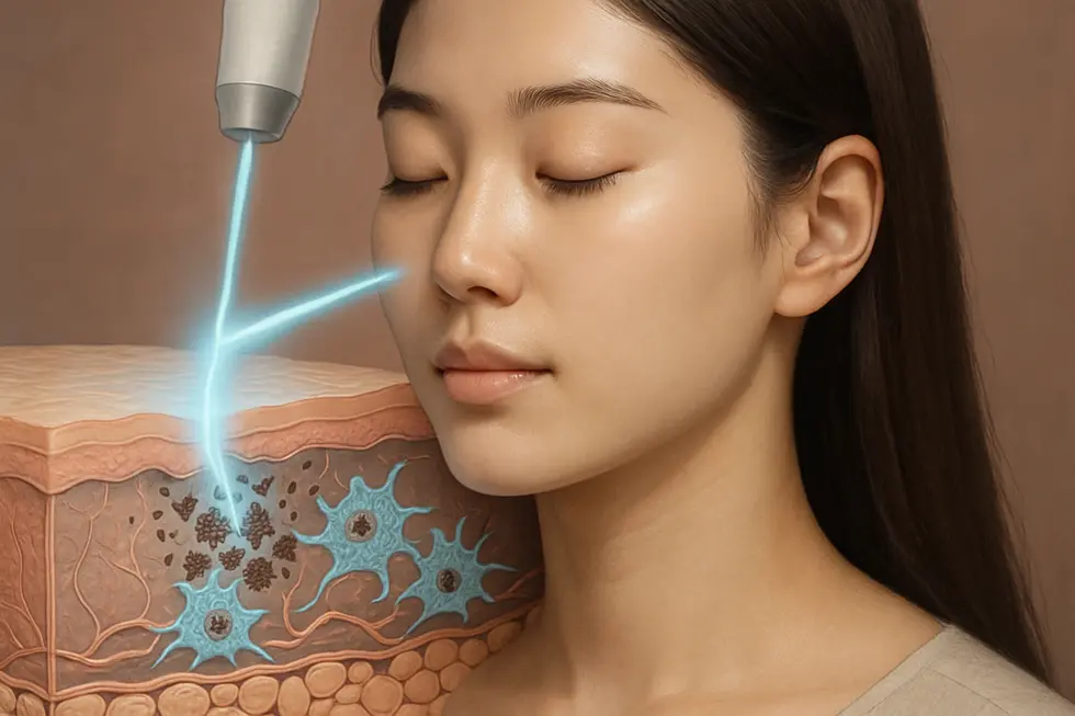 A-Toneレーザーの仕組み：肌深層のメラニンを優しく分解するイメージ。