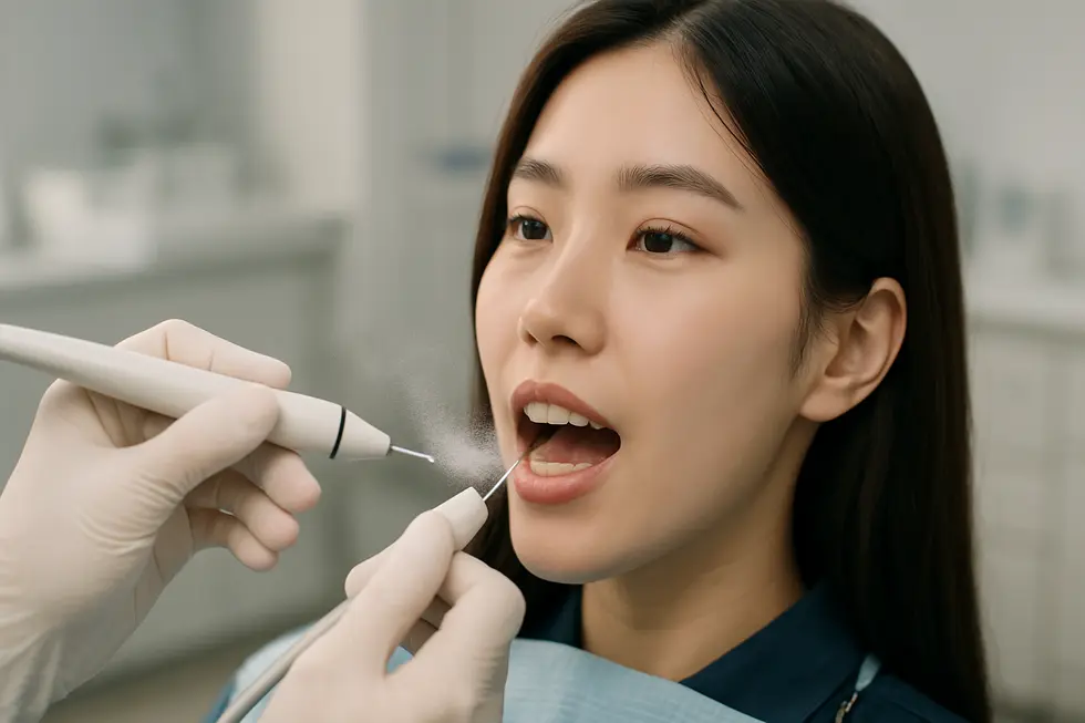 超音波スケーラーによる歯石除去の様子。微細な振動と水流で歯石を効率的に取り除きます。