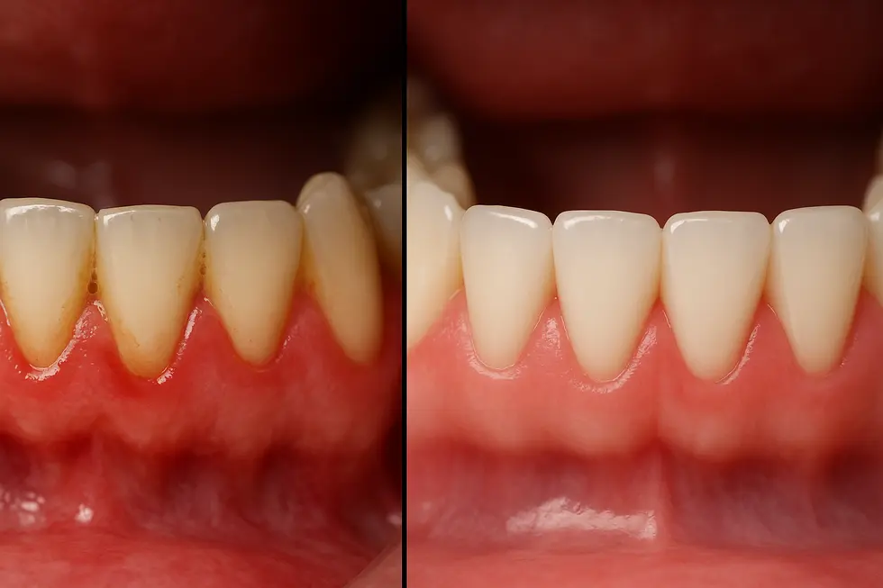 スケーリングによる歯石除去のビフォーアフター。歯茎の健康状態と歯の清潔さが劇的に改善されています。