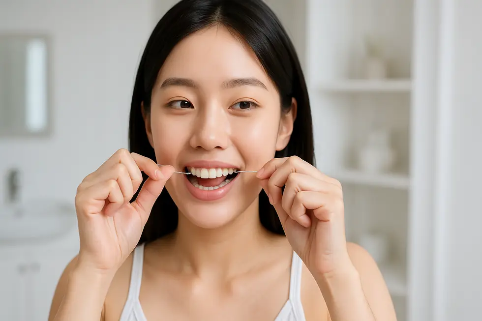 スケーリング後のセルフケアとして重要なデンタルフロスでの歯間清掃の様子。