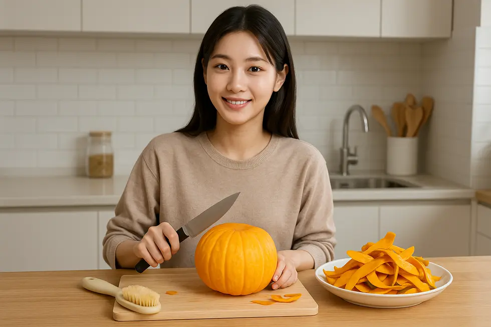 かぼちゃの皮を安全に美味しく使うための下処理の様子。