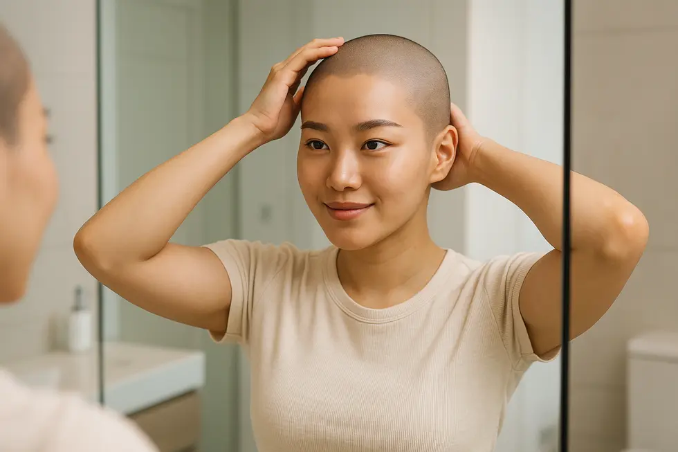 ヘアタトゥー施術後の自信に満ちた笑顔。適切なアフターケアで効果は長く持続します。