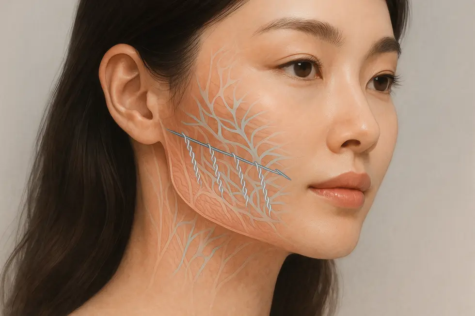 コンサーティーナ糸リフトの物理的リフトアップとコラーゲン生成メカニズム。