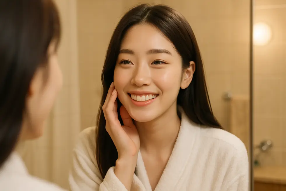 矯正後の自信に満ちた笑顔を鏡で確認。