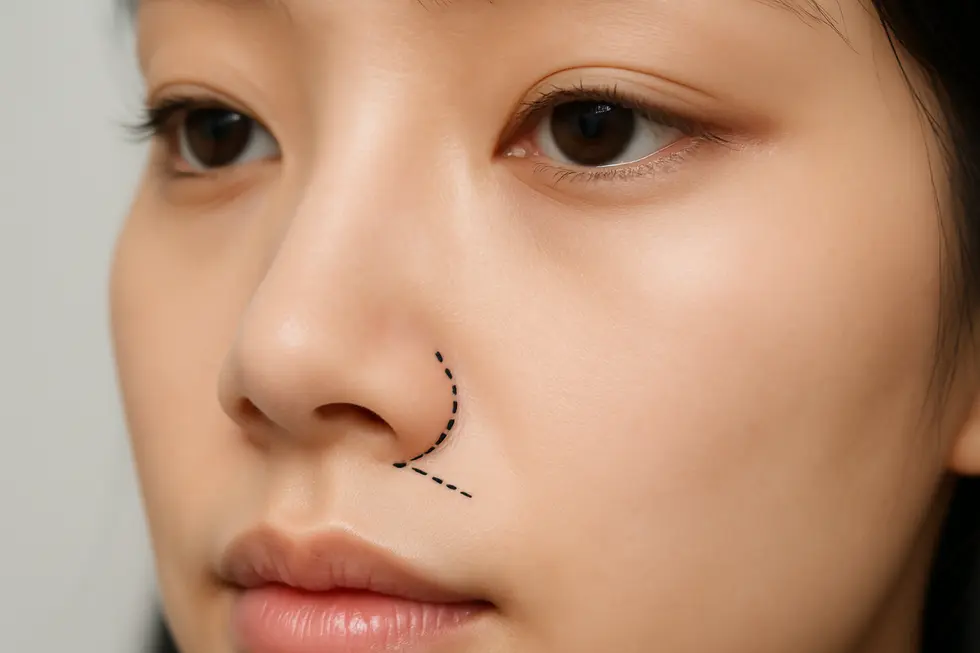 小鼻縮小手術の原理とアプローチ方法のイメージ。