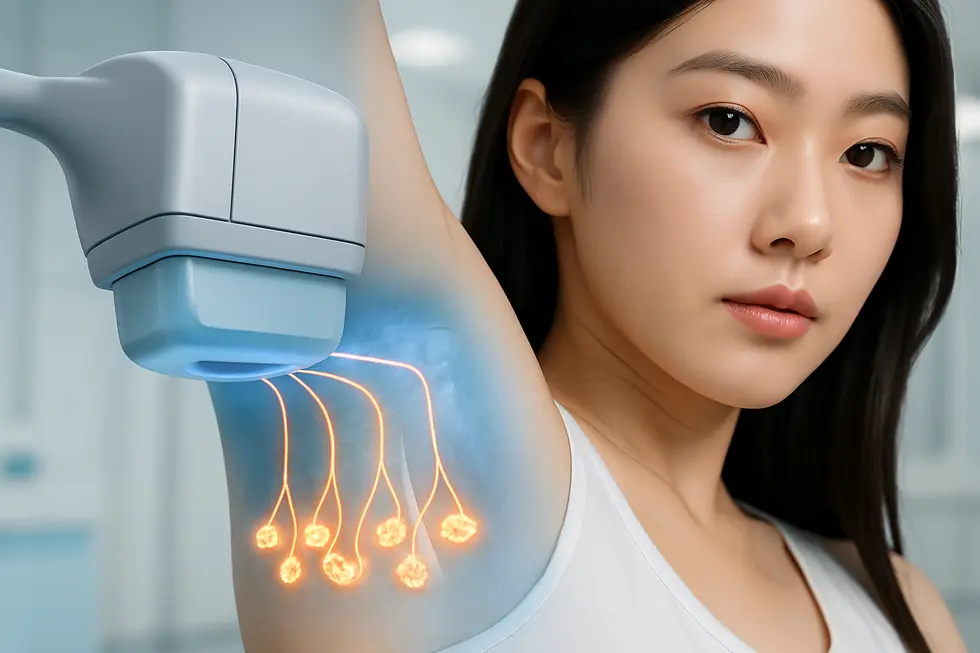 ミラドライのマイクロ波が汗腺に熱エネルギーを集中させる様子。