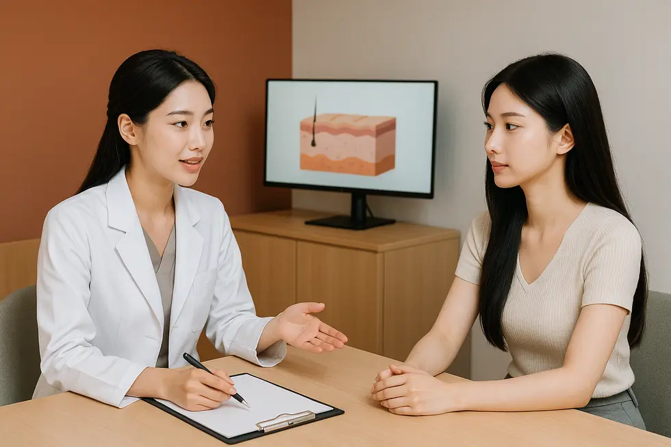 グリーンセル施術を検討する際に、専門医との丁寧なカウンセリングを通じて費用、回数、肌の状態に合わせたプランを相談する様子。